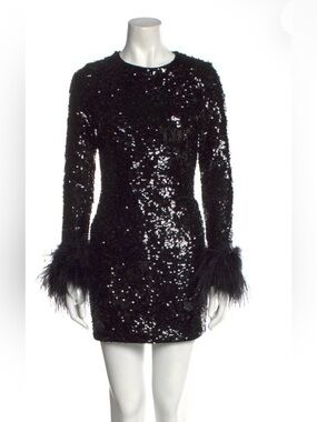 Alice + Olivia Black Sequin Mini Dress with Feather Cuffs Sz.XS